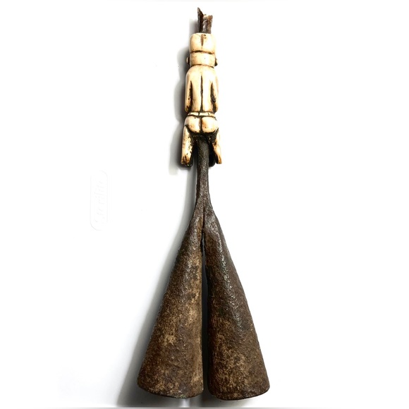 SALE * Antique African Lega Bone Carved Bronze dual Clapper Bell - Picture 2 of 9
